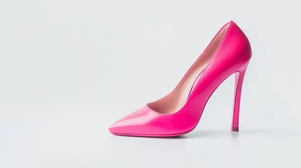 stock image A single hot pink high-heeled shoe stands elegantly, exuding style and sophistication against a white background.