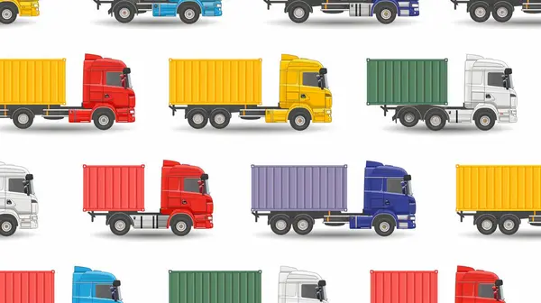 stock image Seamless pattern of colorful cargo trucks with containers on a white background.