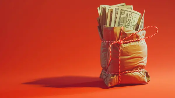 Stock image A bundle of US dollar bills tied with a red and white string against a bright red background, symbolizing wealth and gift-giving.