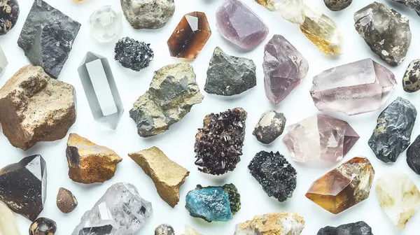 stock image A collection of rocks and crystals of various shapes and sizes. Concept of wonder and fascination with the natural world, as well as the beauty and diversity of the minerals found in nature