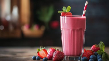 Bir bardak pembe smoothie, bir pipet ve masanın üzerinde bir sürü çilek. Manzara rahatlatıcı ve ferahlatıcı.