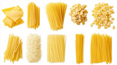 A variety of pasta is shown in different shapes and sizes. The pasta is arranged in a row, with some pieces overlapping each other. Concept of abundance and variety clipart