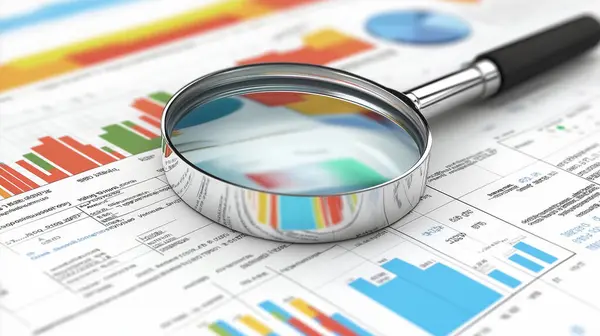 stock image A magnifying glass focusing on financial graphs and charts, symbolizing analysis and scrutiny.