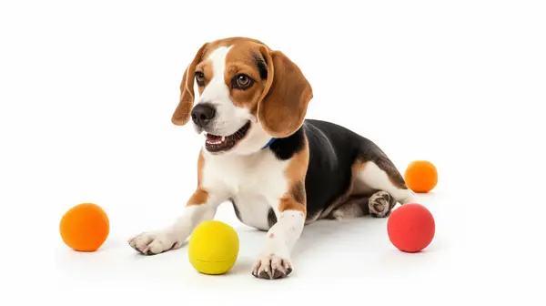 stock image A Beagle puppy lying down with a colorful ball nearby, showing its gentle and playful nature.