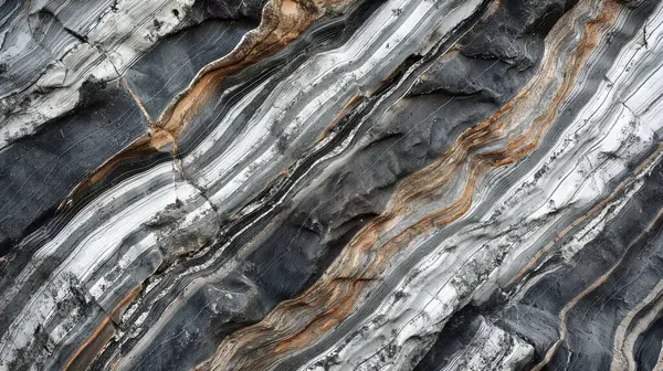 Stock image An intricate pattern of layered, striated stone in shades of gray and brown, forming a rugged texture.