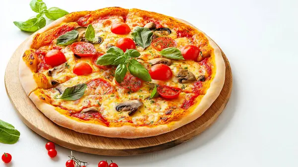 stock image A freshly baked pizza with tomatoes, mozzarella, and basil, symbolizing Italian cuisine and delicious comfort food.