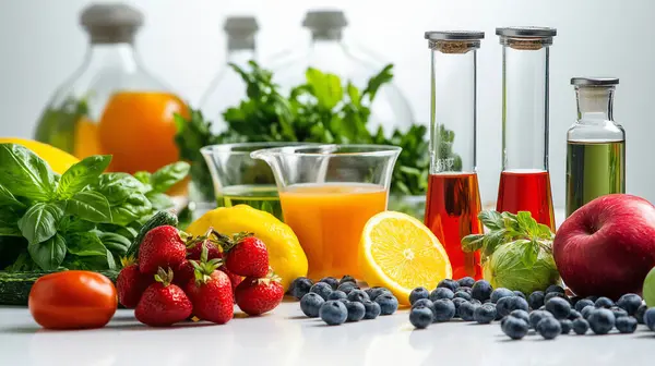 stock image A collection of fresh fruits, herbs, and oils, symbolizing the essence of health and natural wellness.