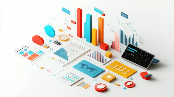 stock image A vibrant illustration of business analytics tools, charts, and graphs on a white workspace, representing data analysis, financial planning, and strategic growth.