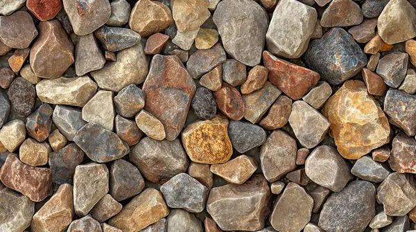 stock image A close-up view of a collection of small, smooth river stones in various shades of brown, gray, and tan, arranged naturally to showcase their texture and natural variation.