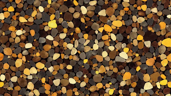 stock image A detailed image of tiny, smooth pebbles in various shades of yellow, brown, and black, tightly packed together, highlighting their texture and natural color palette.