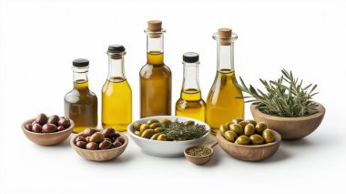 Assortment of olive oils in bottles with fresh olives, symbolizing healthy fats and Mediterranean diet. clipart