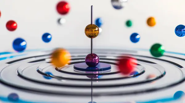 stock image Colorful orbs creating ripples on the surface of water.