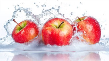 Red apples splashing in water, representing freshness and purity. clipart