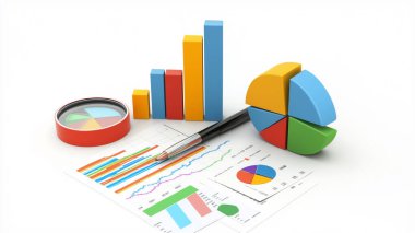 A collection of colorful charts and graphs on paper, with various data visualizations. clipart