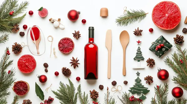 stock image Holiday-themed flat lay with decorations, utensils, and gift items arranged on a white background.