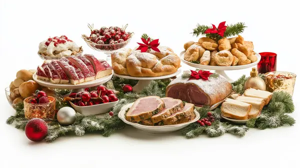 stock image A festive table set with an array of holiday foods and desserts, surrounded by seasonal decor.