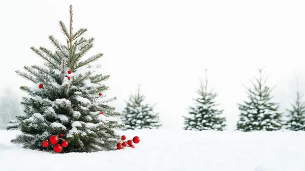 stock image Row of snow-covered evergreen trees, creating a serene winter landscape.