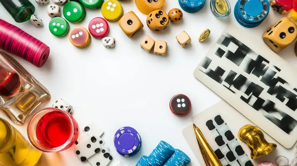 stock image A variety of colorful board game pieces and dice scattered on a white surface, evoking fun and strategy.