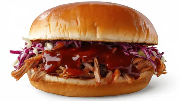 stock image A juicy pulled pork burger with barbecue sauce, coleslaw, and a soft bun, showcasing a hearty and savory dish.