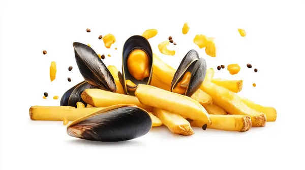 stock image A close-up of mussels served with crispy golden fries, accompanied by dipping sauce, representing the classic Belgian dish 