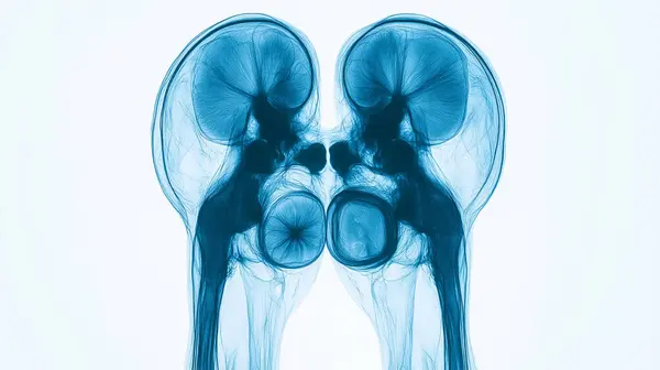 stock image An X-ray image of human kidneys, focusing on the urinary system and surrounding skeletal structure, set against a white background.