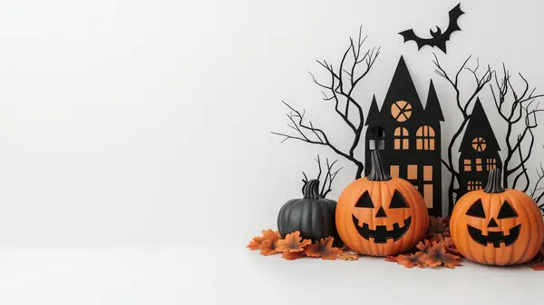 stock image A Halloween display featuring a carved Jack-o'-lantern surrounded by pumpkins, candles, and a small haunted house decoration, set against a white background.