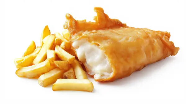 stock image A close-up of a golden, crispy battered fish fillet paired with thick-cut fries, highlighting the texture and freshness of the dish.