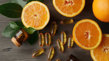 Fresh oranges and fish oil capsules. clipart