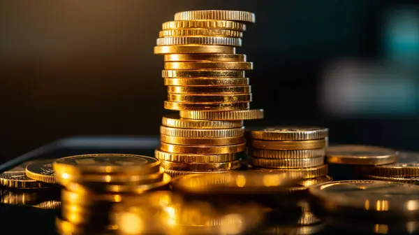 stock image Stack of shiny gold coins symbolizing wealth, financial growth, and prosperity.