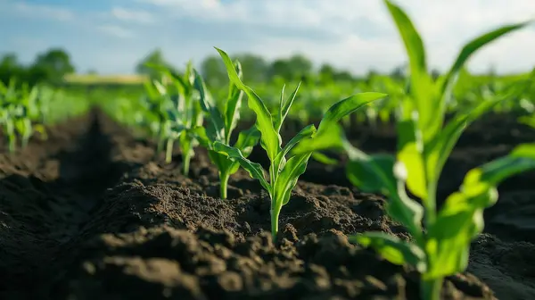 stock image Young green sprouts emerging from soil, symbolizing growth and new beginnings in nature.