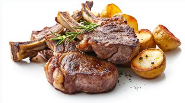 Grilled lamb chops served with roasted potatoes and garnished with rosemary, representing a hearty gourmet meal. clipart