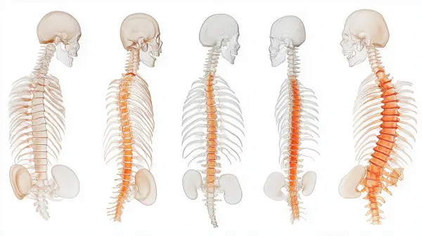 stock image Detailed anatomical illustration of the human spine, showing the vertebrae and spinal cord in a side-by-side comparison.