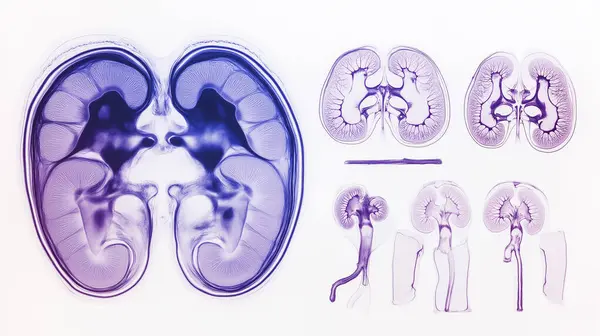 stock image X-ray image of kidneys showing detailed anatomy, highlighting the renal system and urinary tract.