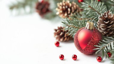 Kırmızı süslemeler, kozalaklar ve bayram neşesini temsil eden beyaz arka planda sıralanmış kutsal meyveler de dahil olmak üzere şenlikli Noel süsleri..