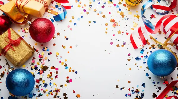 stock image Festive scene with confetti, streamers, and ornaments scattered on a white background, celebrating a joyous occasion or holiday.