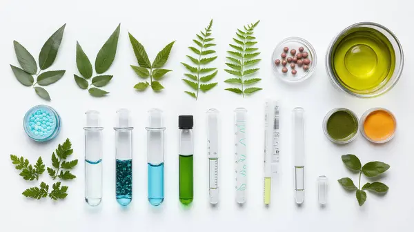 Stock image Flat lay of leaves and lab tools for botanical study.