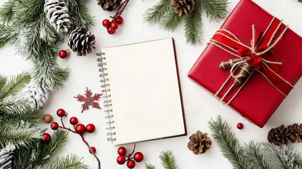 stock image Blank notebook with Christmas decorations, pine cones, and a wrapped gift on a white background.