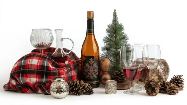 stock image Cozy winter scene with pine cones, plaid fabric, wine glasses, and a bottle of wine set against a white background.