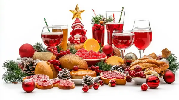 stock image A lavish Christmas feast featuring a variety of festive foods and drinks, including wine, desserts, and decorated dishes, representing holiday indulgence and celebration.