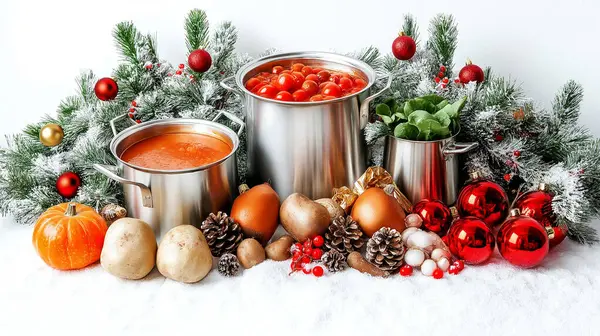 stock image A festive arrangement of mulled wine, nuts, oranges, and Christmas decorations on a white background, evoking warmth, celebration, and the flavors of the holiday season.