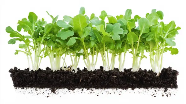 stock image Young green plants sprouting in soil, representing growth and new life.