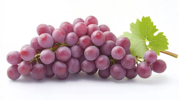 stock image A cluster of fresh, ripe grapes with green leaves, displayed against a white background.