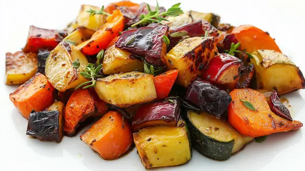 stock image Roasted vegetables, including zucchini, bell peppers, and eggplant, seasoned and served on a white plate.