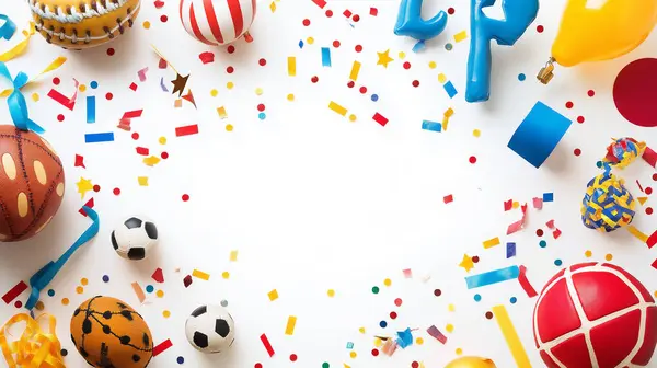 stock image A colorful sports-themed frame with confetti, balloons, and sports equipment like soccer balls and tennis rackets on a white background.