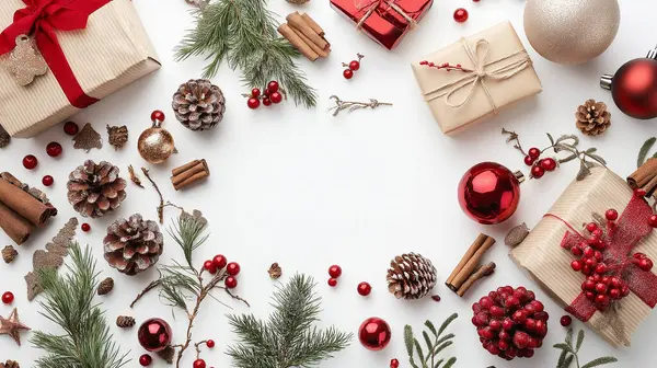 stock image A holiday flat lay featuring pinecones, cinnamon sticks, red ornaments, and a wrapped gift, creating a festive and cozy atmosphere.