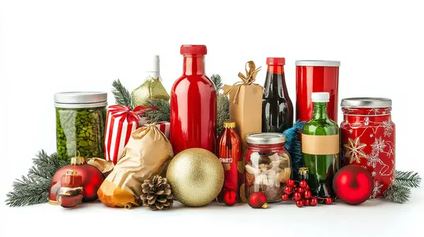 stock image A festive display of holiday food items, including jars of preserves, Christmas ornaments, and seasonal ingredients, arranged on a table.