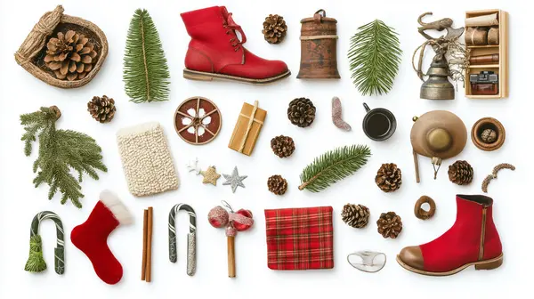 stock image A festive flat lay featuring Christmas-themed items, including a red boot, pine branches, plaid-wrapped gift, candy canes, and various holiday decorations, all arranged on a white background.