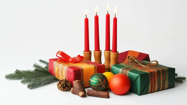 stock image A holiday table set with a variety of wrapped Christmas gifts and decorations, creating a festive atmosphere.