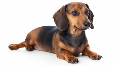 Beyaz bir arka planda sakince oturan sevimli kahverengi bir dachshund köpeği, tetikte bekliyor..