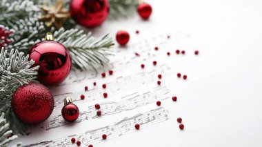 Christmas ornaments and pine branches with red berries scattered on sheet music, creating a festive and musical holiday scene on a white background. clipart